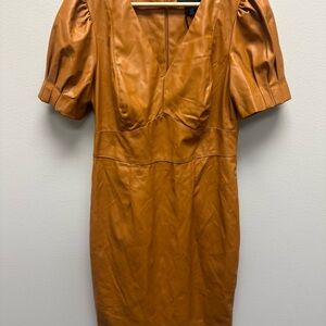 DKNY Tan Mini Dress Vegan Faux Leather Puff Sleeves Womens Size 8 V Neck‎ NWT